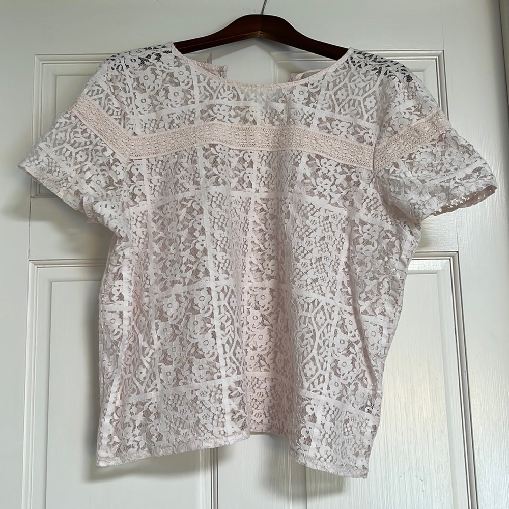 Pink Blush Lace Short-sleeve Blouse by hinge, size XXL